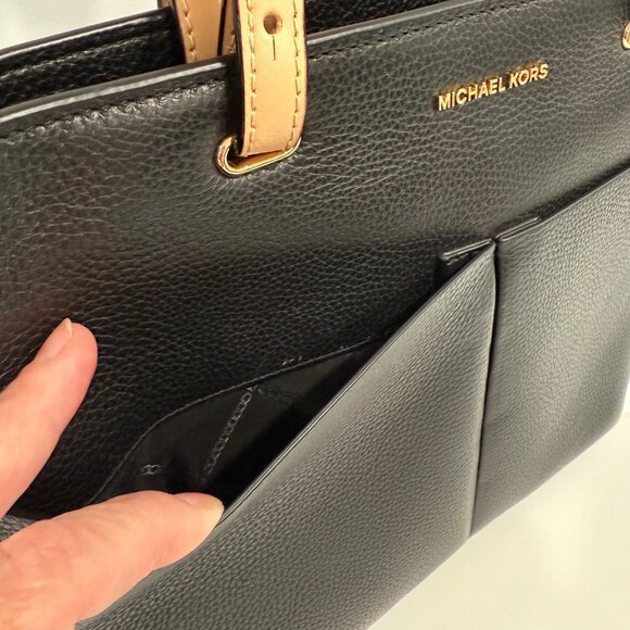 Michael Kors Bedford Medium Pebbled Leather Pocket Tote Handbag Black Tan Straps - Picture 4 of 12